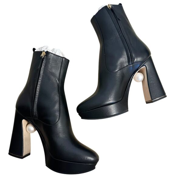 Nicholas Kirkwood Annabel Black Leather Pearl Platform Boots 38 - Picture 10 of 11